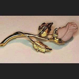 Vintage Gold Toned Long Stem Rose Brooch Pin Back